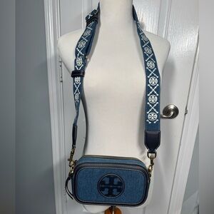 Tory Burch Blue Denim Crossbody Bag with Patterned Strap with garmet bag